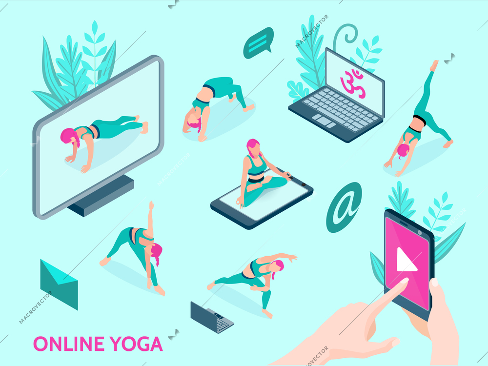 Online yoga isometric icons with people doing exercises using video in smartphone and computer isolated vector illustration