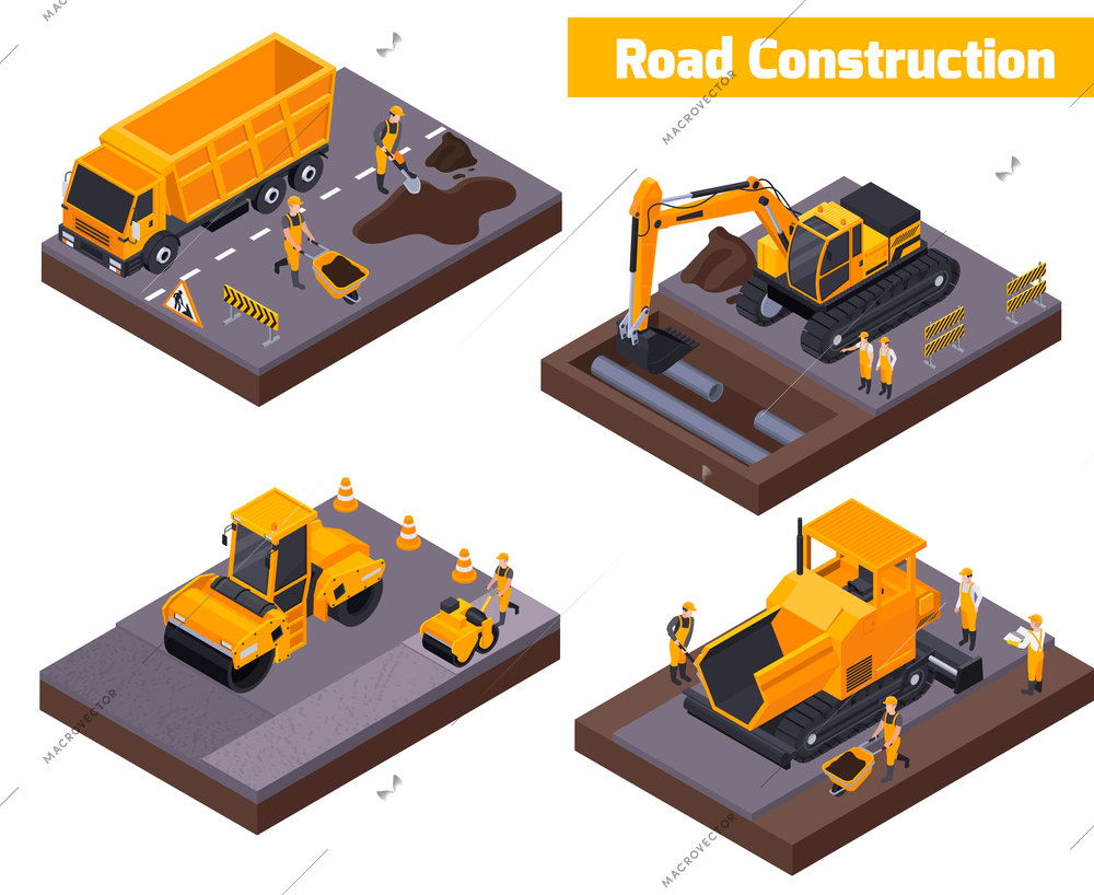 Colored road construction isometric icon set with workers four special yellow tracks vector illustration