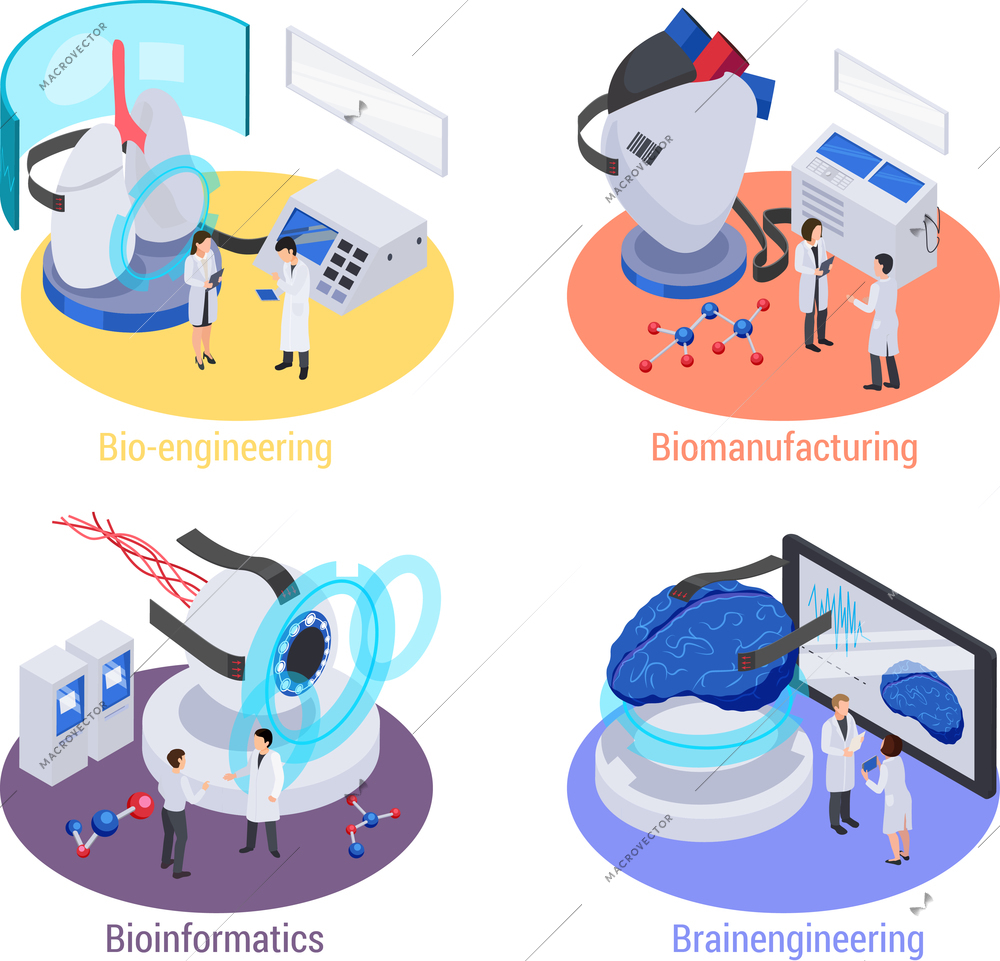 Future technology isometric 4x1 set of isolated compositions with people futuristic devices lab equipment and text vector illustration