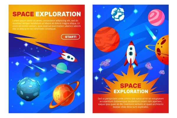 Space exploration vertical game banners with flying rockets meteoroids stars comets and planets of the solar system cartoon vector illustration