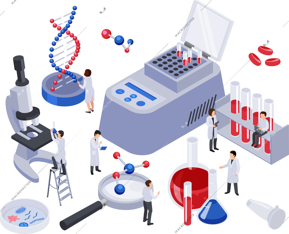 Future technology isometric composition of isolated test tubes and laboratory equipment with people on blank background vector illustration