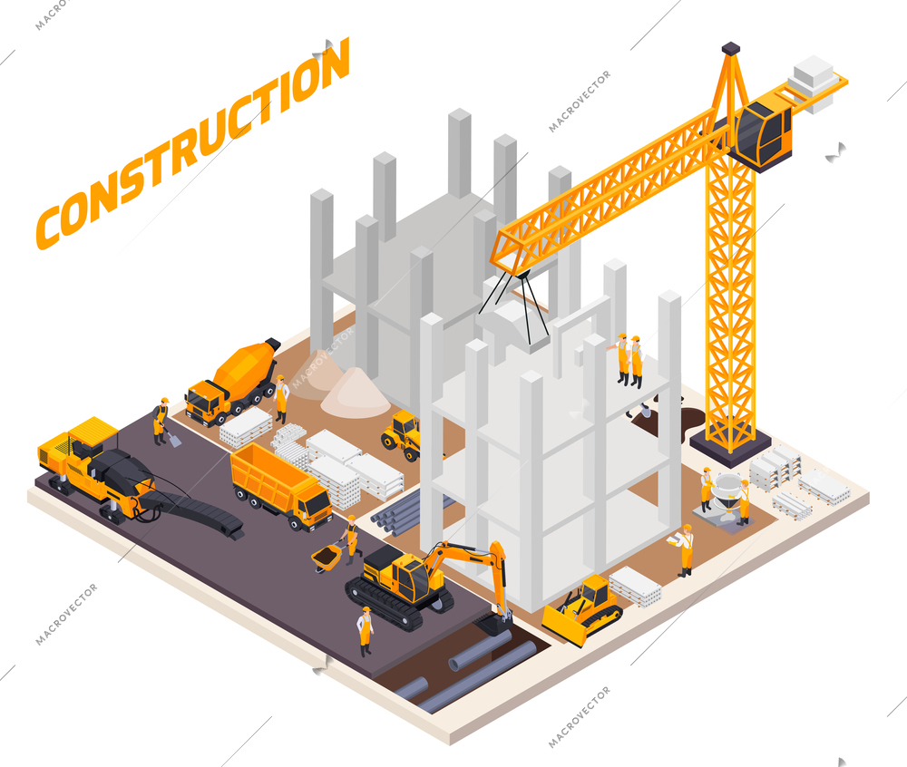 Road construction isometric composition with construction of the building and adjacent territory vector illustration