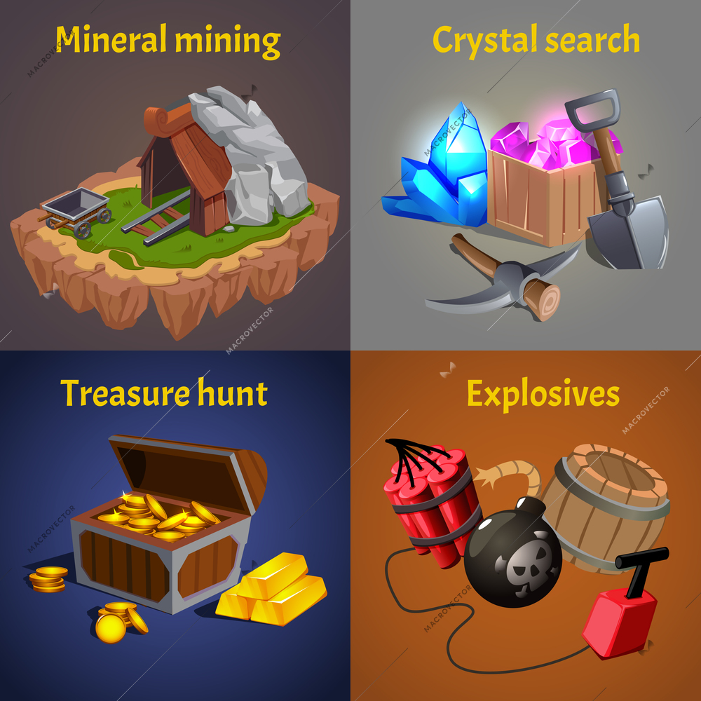 Four squares cartoon mining game design icon set with mineral mining crystal search treasure hunt and explosives descriptions vector illustration