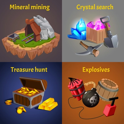 Four squares cartoon mining game design icon set with mineral mining crystal search treasure hunt and explosives descriptions vector illustration