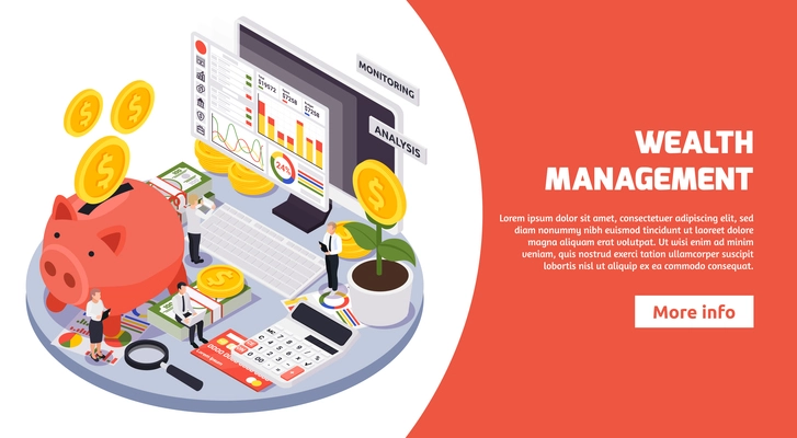Isometric wealth management banner or landing page with big headline and more info button vector illustration