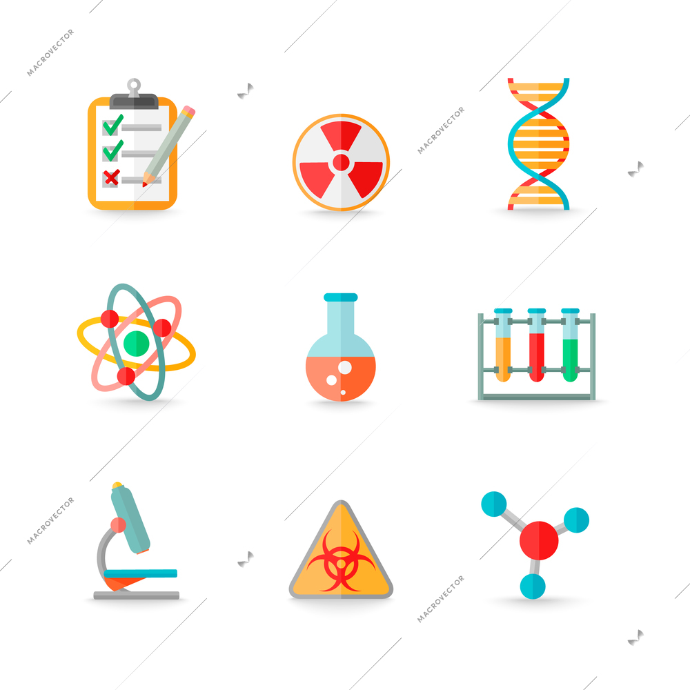 Scientific chemistry laboratory equipment of retort glass atom dna symbols icons set isolated vector illustration