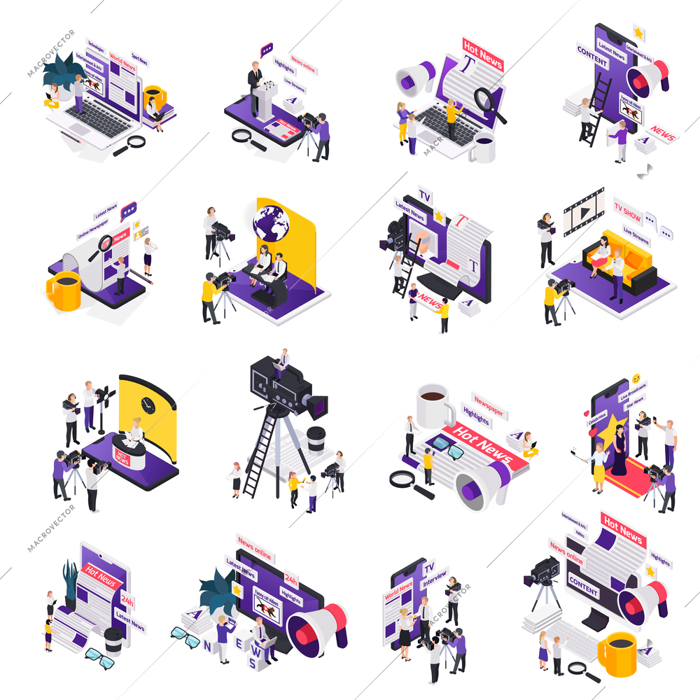 Journalistis reporters news media isometric icon set with hot online news content descriptions