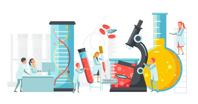 Future technology flat composition with human characters of young scientists surrounded by pieces of laboratory equipment vector illustration