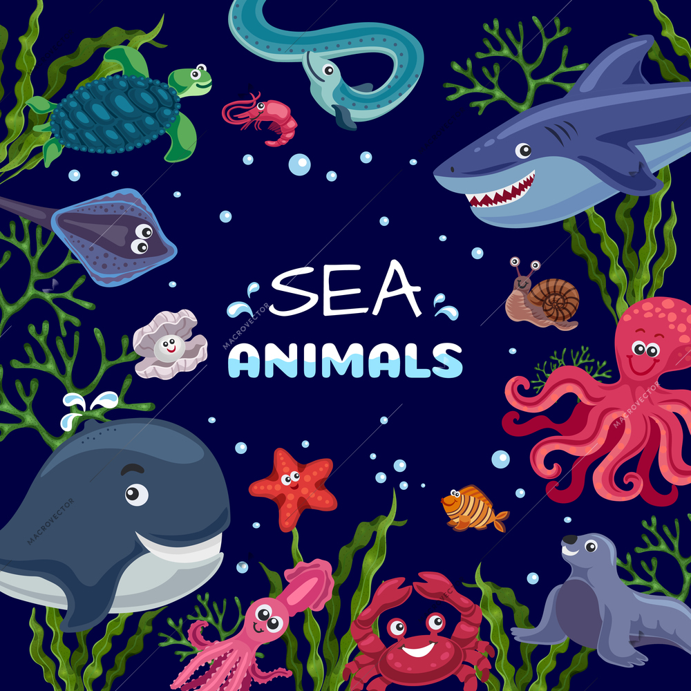 Sea plants animals funny underwater life square frame with smiling octopus fish shark whale dark background vector illustration