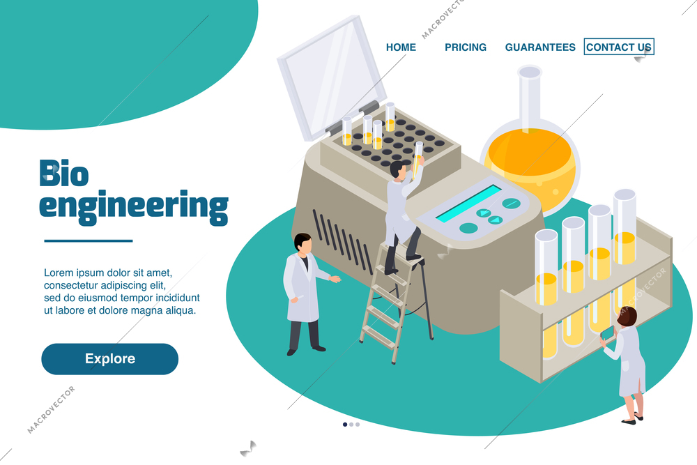 Future technology isometric website landing page with editable text clickable links and composition of science images vector illustration