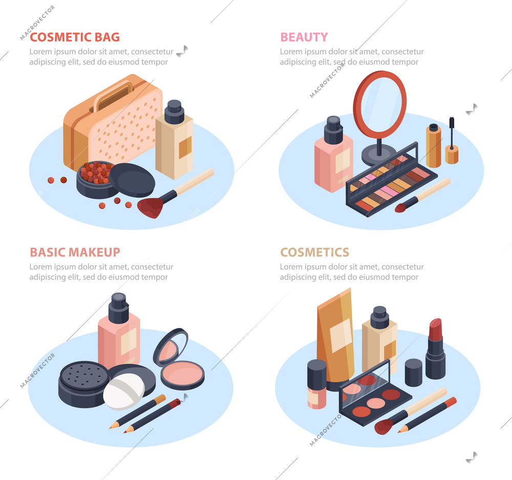 Cosmetics concept icons set with beauty and makeup symbols isometric isolated vector illustration