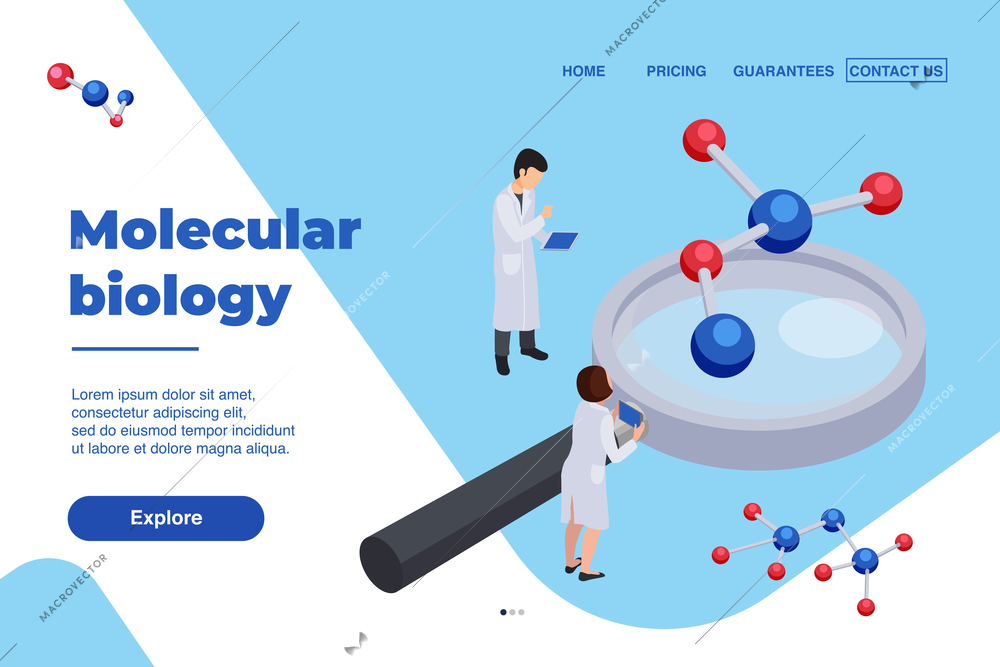 Future technology isometric composition with images of hand lens scientists with clickable links buttons and text vector illustration