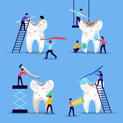 Dental problems prevention treatment 4 flat funny compositions with tiny people brushing huge teeth blue background vector illustration