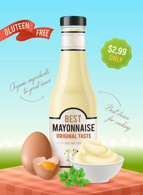 Realistic mayonnaise vertical ads poster with outdoor scenery table and eggs with plates and product package vector illustration