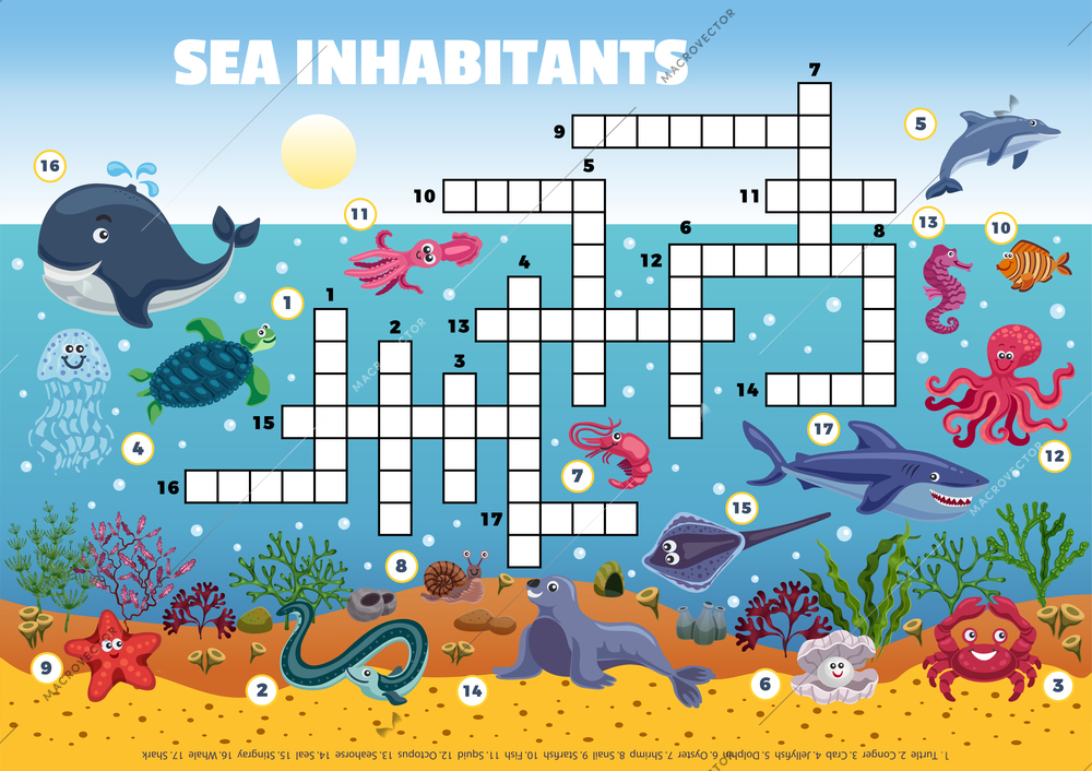 Sea inhabitants funny crossword composition with profile view of ocean floor with fishes and sea weed vector illustration