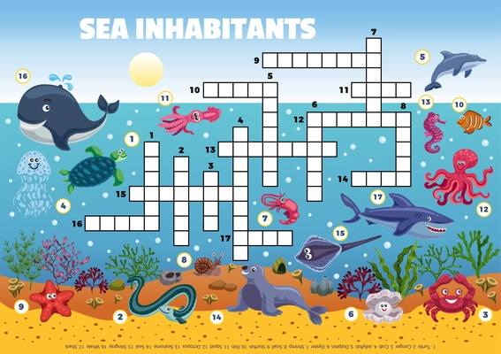 Sea inhabitants funny crossword composition with profile view of ocean floor with fishes and sea weed vector illustration