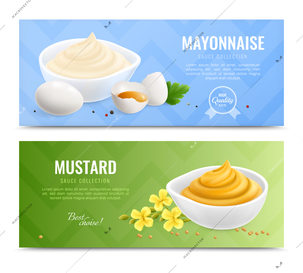 Two horizontal mustard realistic banner set with mayonnaise and mustard sauce collection descriptions vector illustration