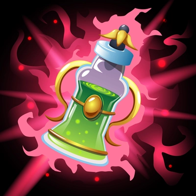 Colored magic potion poison bottle composition with golden glass and green liquid vector illustration