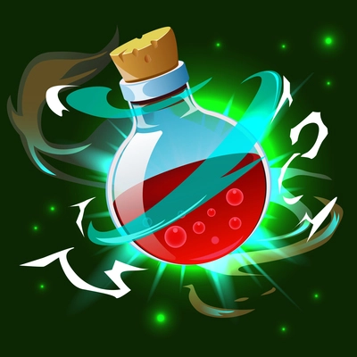 Magic potion poison bottle composition with red liquid inside the glass bottle vector illustration