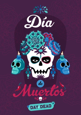 Day of dead vertical poster  with festive mask skulls  and dia de muertos hispanic text cartoon vector illustration