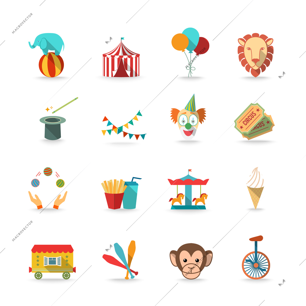 Circus tent with monkey and lion and clown magical wand triks icons set flat isolated vector illustration