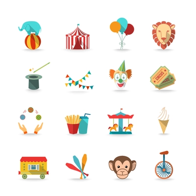 Circus tent with monkey and lion and clown magical wand triks icons set flat isolated vector illustration