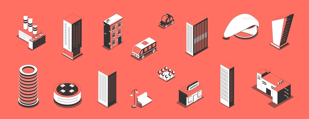 Metropolis set with isolated isometric icons and images of modern urban buildings and cars with shadows vector illustration