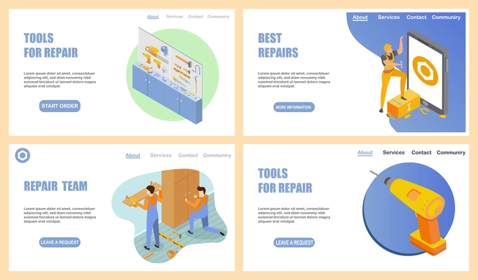 Building tools concept icons set with repair team symbols isometric isolated vector illustration