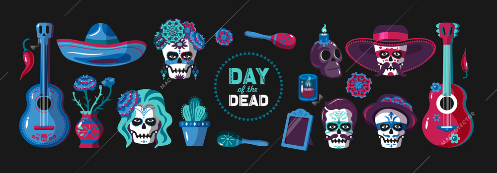 Day of dead cartoon color set of  ethnic mexican items holiday mask and national wear isolated on black background vector illustration