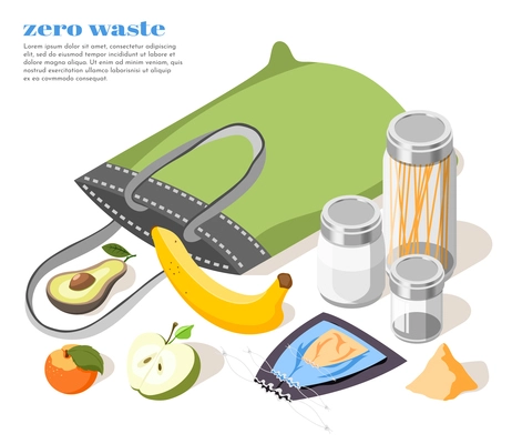 Zero waste isometric composition with eco friendly containers bag and organic products 3d vector illustration