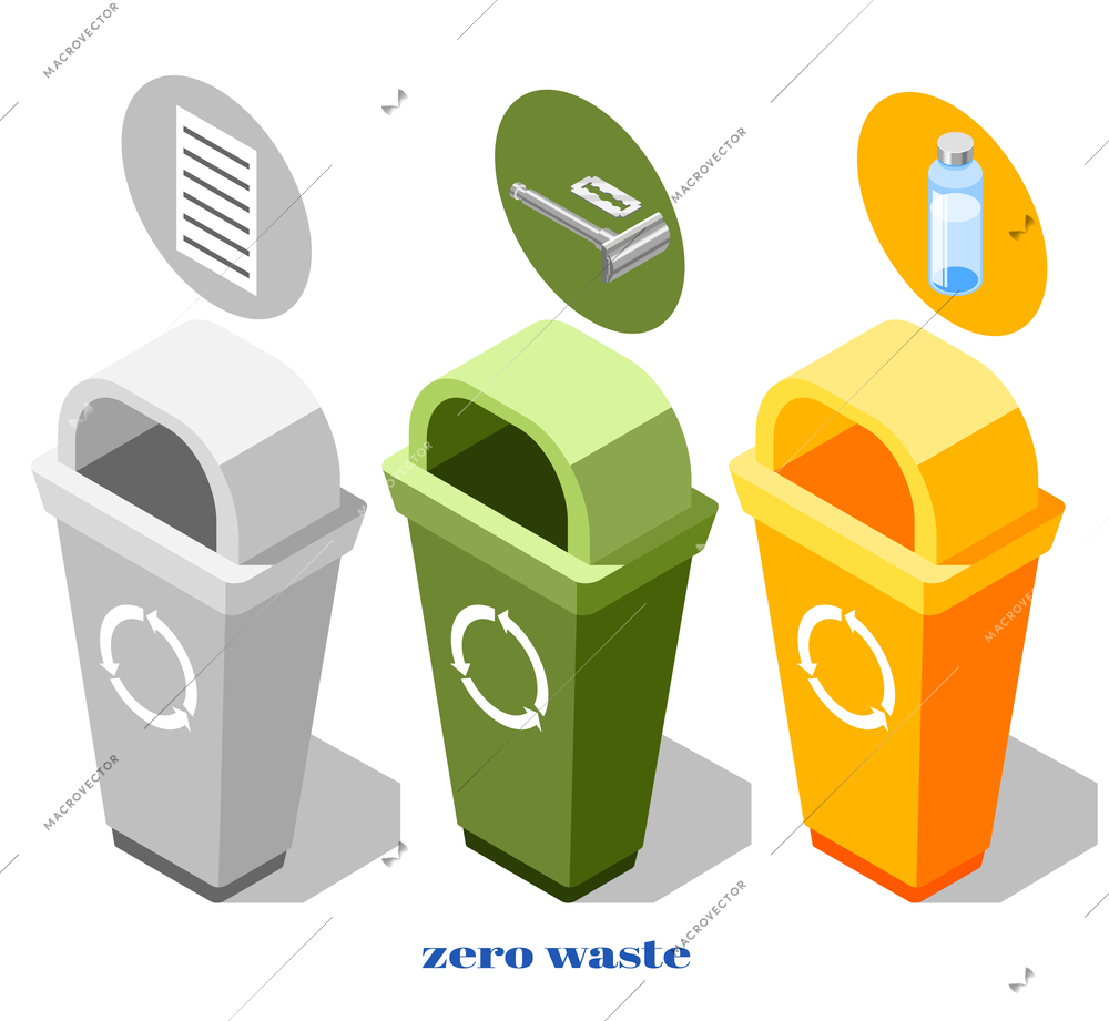Zero waste composition with colorful rubbish bins for trash sorting isolated on white background 3d vector illustration