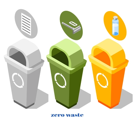 Zero waste composition with colorful rubbish bins for trash sorting isolated on white background 3d vector illustration