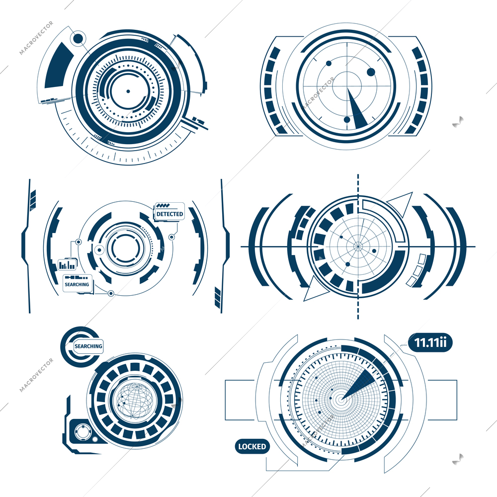 Hud interface radar icon set on white background with round elements different interfaces vector illustration