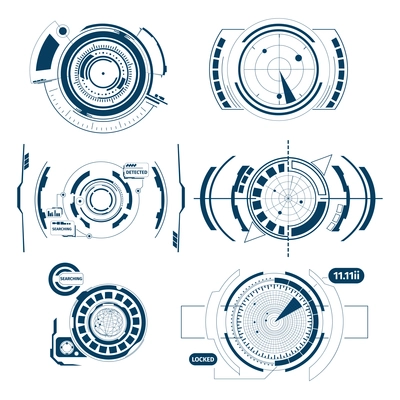 Hud interface radar icon set on white background with round elements different interfaces vector illustration