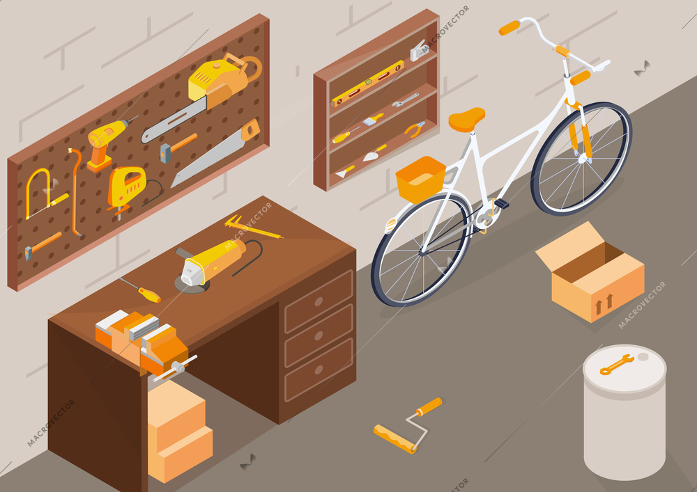 Building tools workshop background with working equipment symbols isometric vector illustration