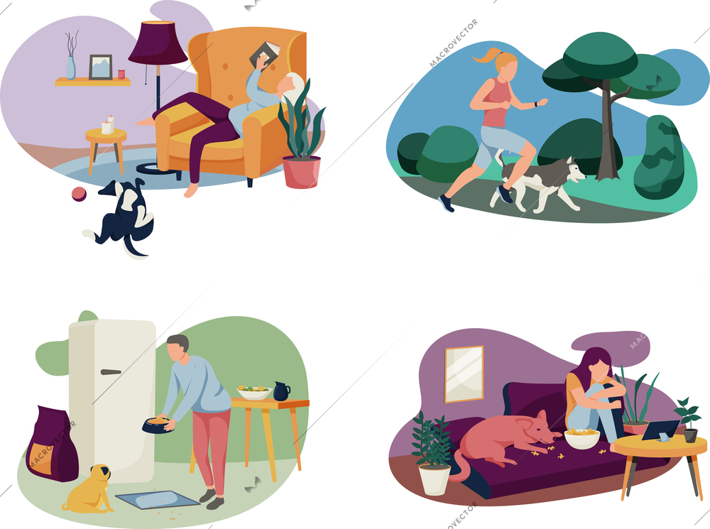 People with dogs flat 4x1 set of compositions with pets masters in indoor and outdoor environments vector illustration