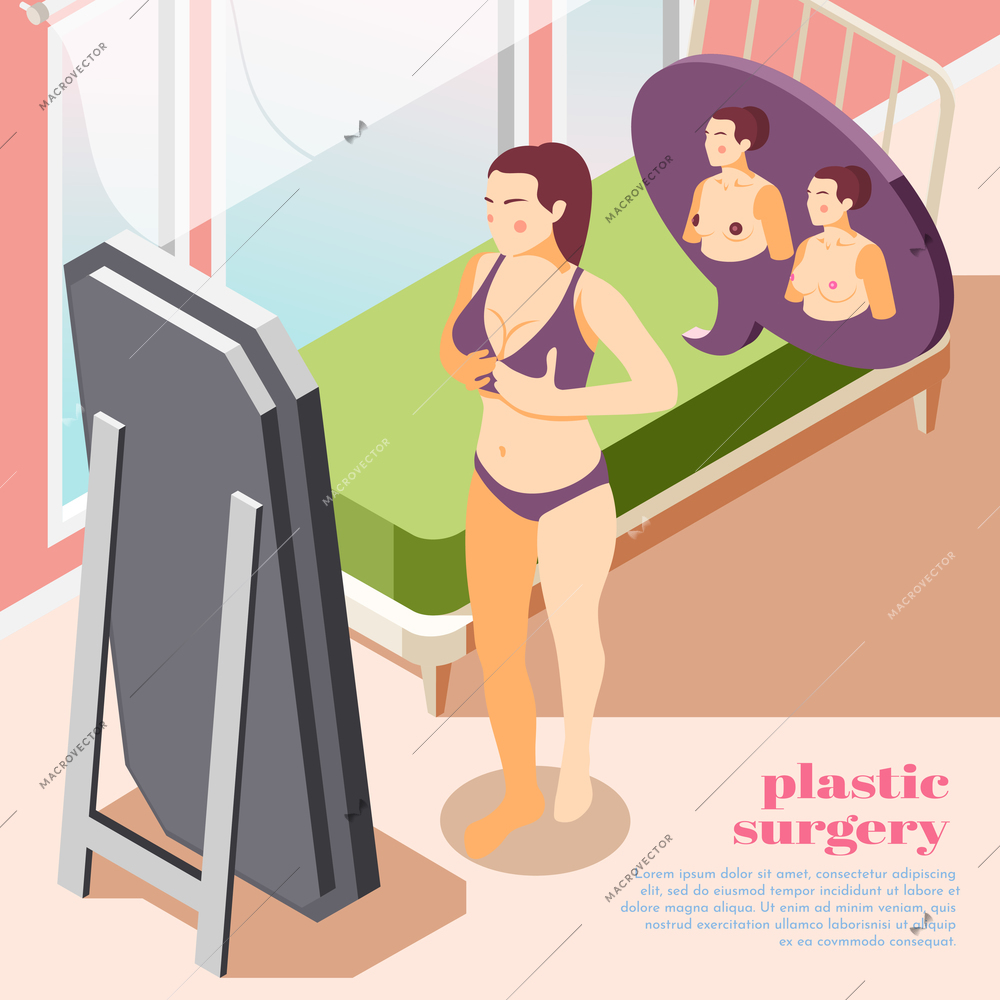 Isometric background with woman looking at her breasts before plastic operation 3d vector illustration