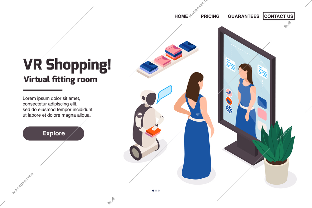 Modern clothing store isometric landing page with clickable links and image of woman in electronic mirror vector illustration