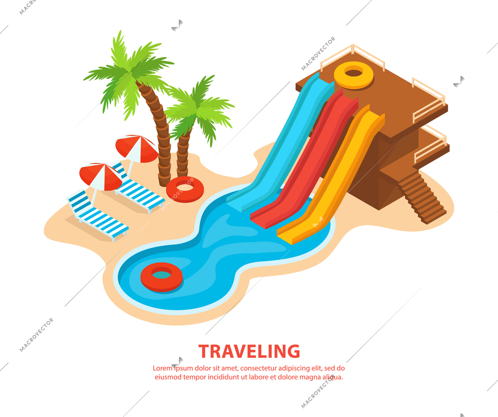 Traveling isometric background with arva park elements palm trees beach designs vector illustration