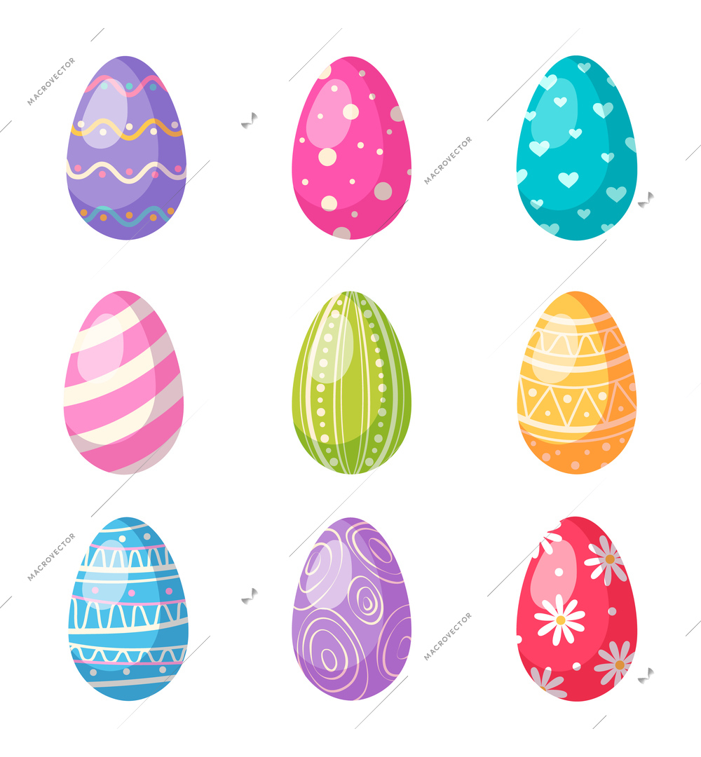 Easter eggs cartoon set with colored colorful eggs isolated vector illustration