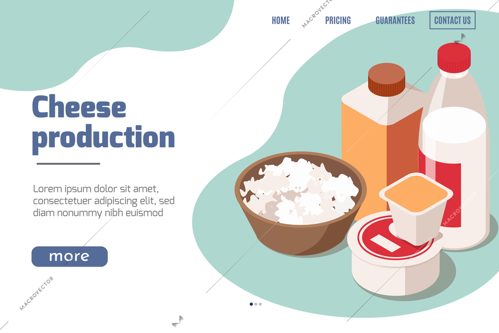 Dairy production isometric background for web site landing page with cheese products and links clickable buttons vector illustration