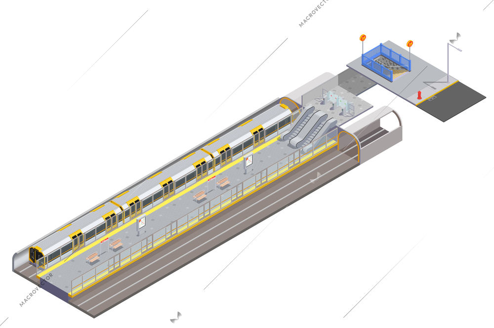 Empty subway station entrance and train on white background 3d isometric vector illustration