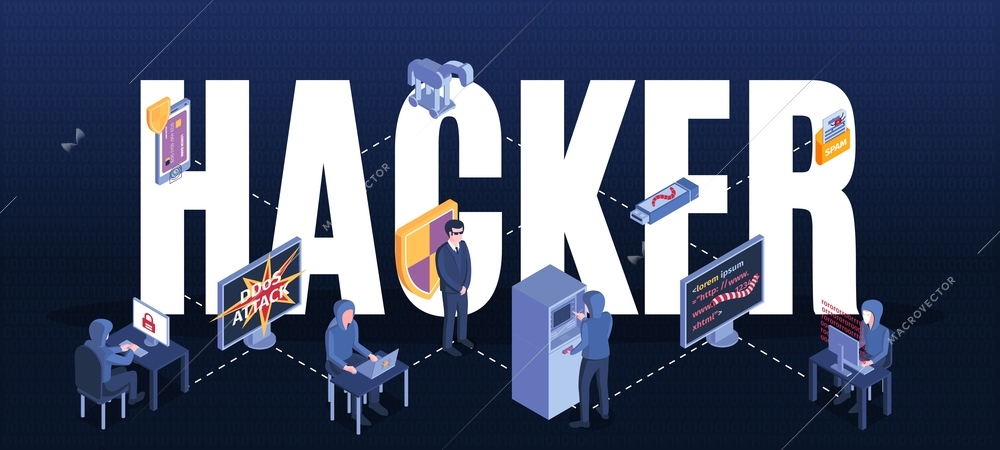 Isometric hacker composition with text and flowchart with cyber criminal characters and pieces of computer equipment vector illustration