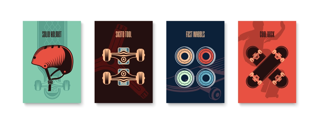 Skateboarding color poster set with solid helmet cool deck fast wheels skate tool isolated vector illustration