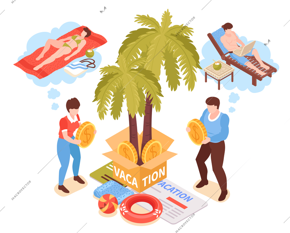 Family budget vacation planning isometric composition with joint income travel savings palm beach long chair vector illustration