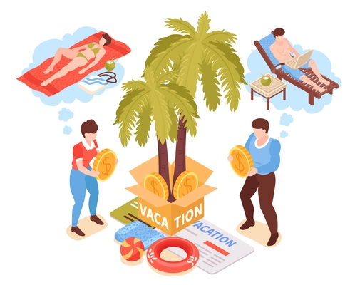 Family budget vacation planning isometric composition with joint income travel savings palm beach long chair vector illustration