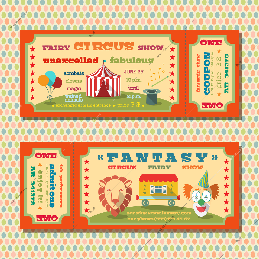 Two vintage circus  fairy show tent tickets templates with clown and exotic animals vector illustration