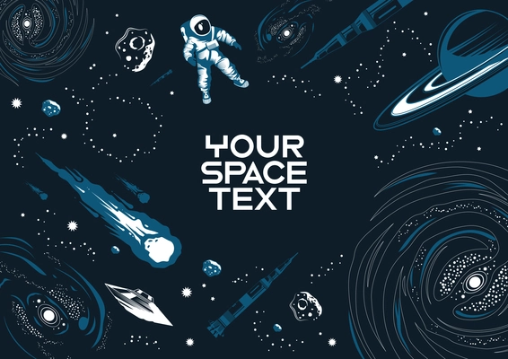 Universe black background with frame of space elements and place for text in centre vector illustration