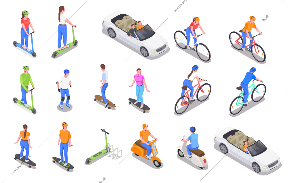 Human characters riding and driving personal transport colored isometric icons set isolated on white background 3d vector illustration