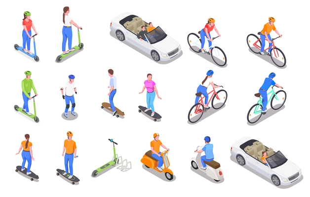 Human characters riding and driving personal transport colored isometric icons set isolated on white background 3d vector illustration